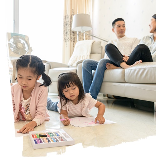 Portrait of beautiful happy family with two childrens drawing painting at home