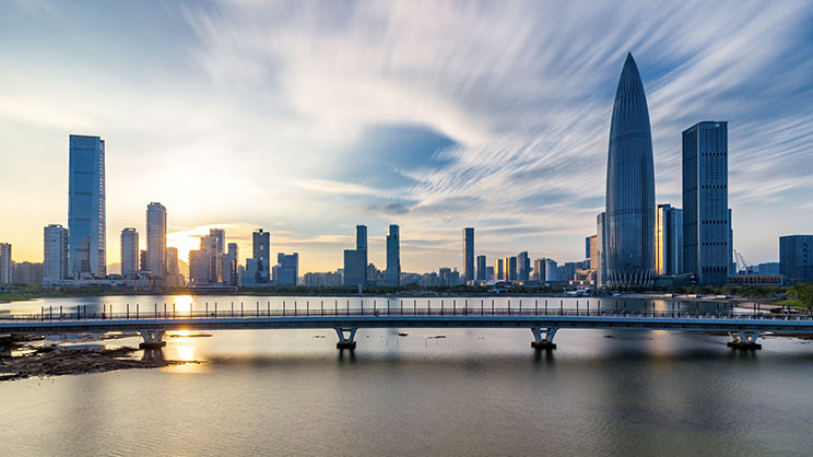 River bridge with city on background