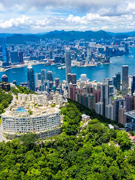 Aerial view of a city on the river bank