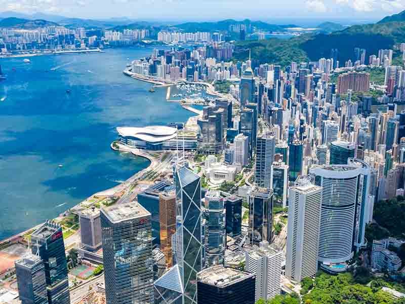Aerial view of a city on the river bank